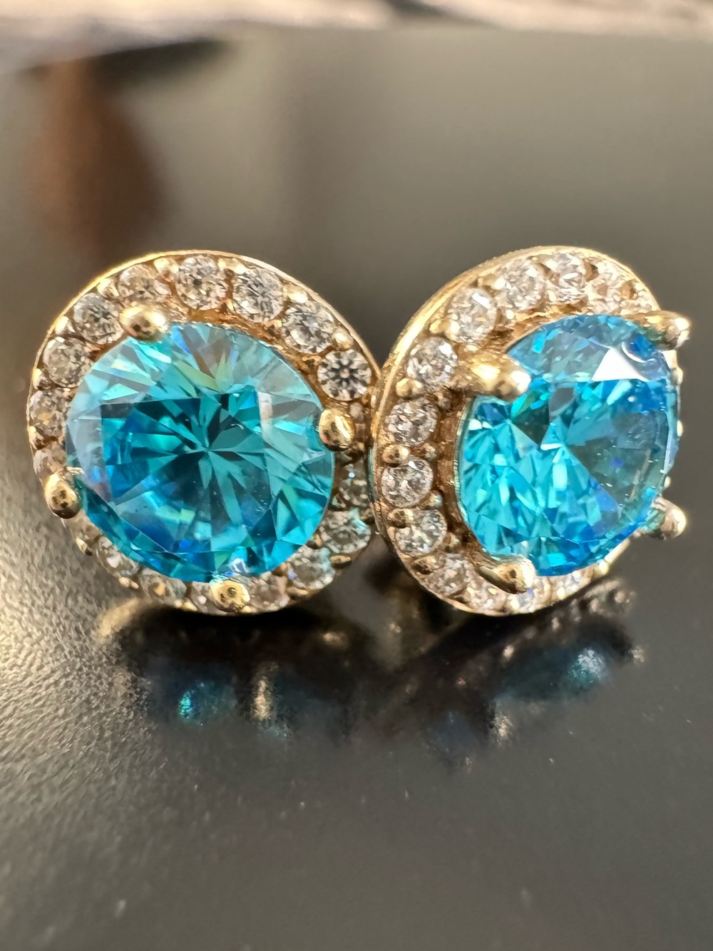 Gold Vermeil Sterling Tropical Blue CZ Halo Earrings